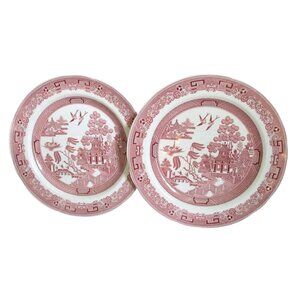 2 Spode Archive Georgian Series Willow Dinner Plates Pink Transfer